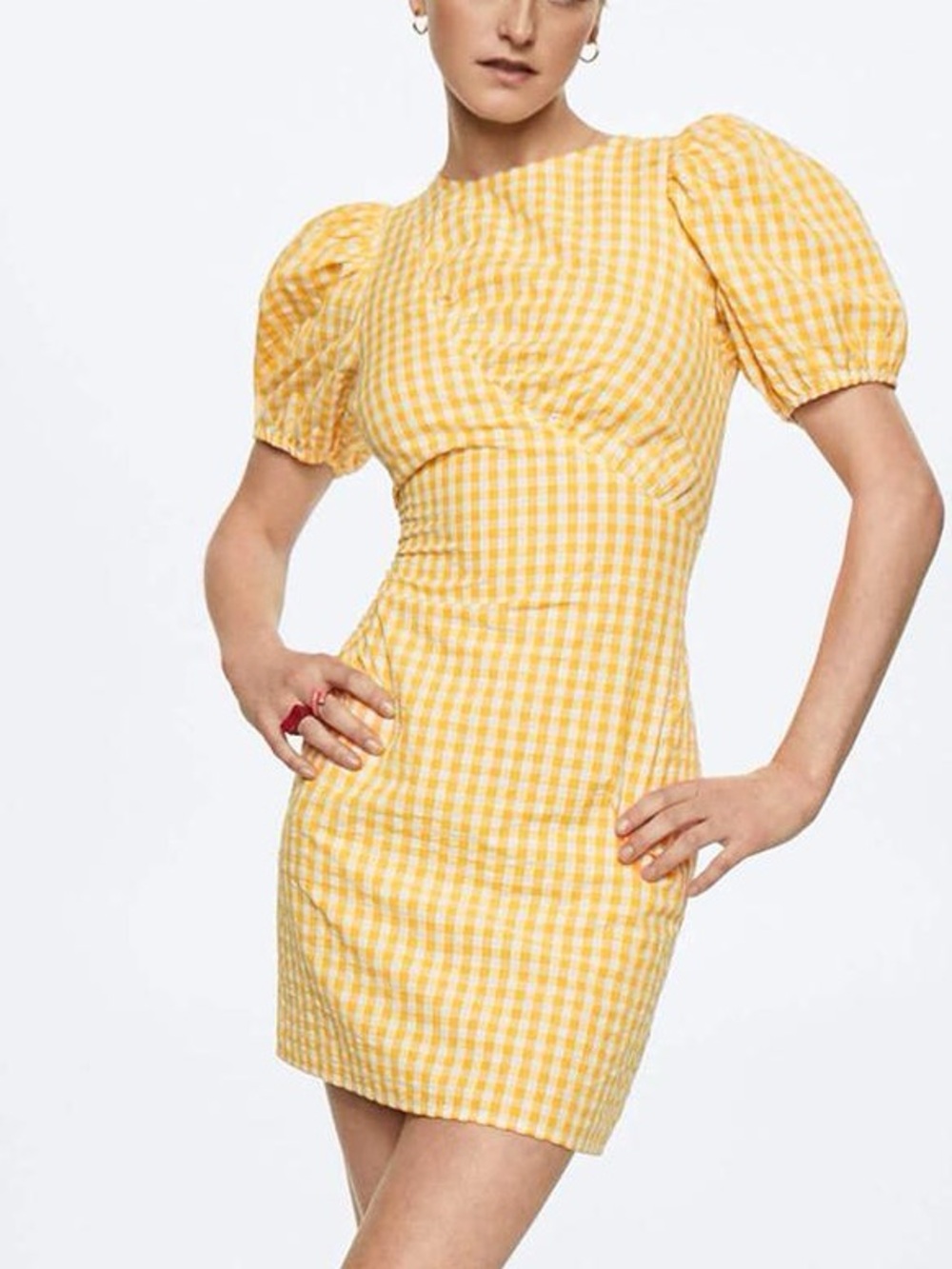 NWT Mango gingham mini dress puff short sleeve sheath checkered cotton